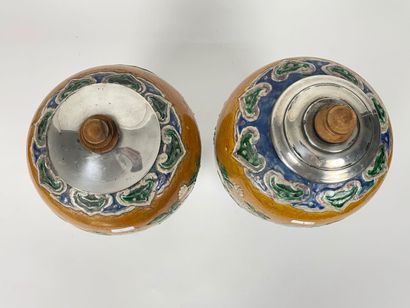 CHINE Pair of jars with polychrome enamel decoration on cookie of flowers in light...