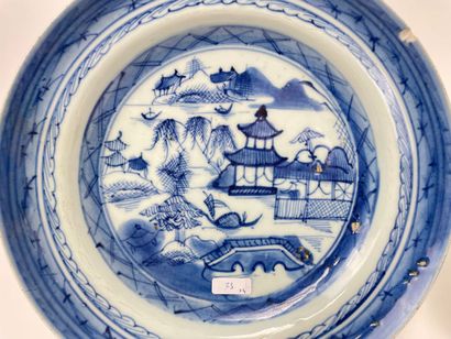 CHINE Suite de trois assiettes à décor bleu et blanc d'une pagode et de grues, dynastie...