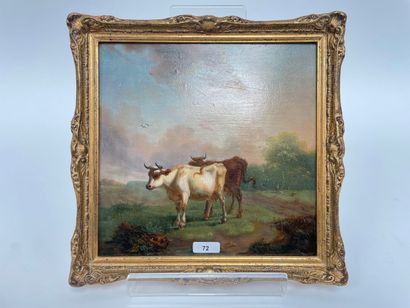 ANONYME "Vaches au pré", XIXe, huile sur panneau, 20,5x21 cm.