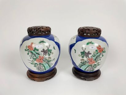CHINE Paire de pots à gingembre à décor floral en émaux polychromes de la famille...