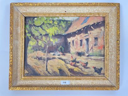 VOLCKAERT Piet (1902-1973) "Basse-cour", XXe, huile sur toile marouflée sur panneau,...