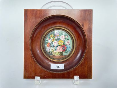 null "Flower basket", 19th-20th century, miniature in tondo, signed, d. 5.5 cm (on...