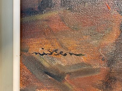 ÉCOLE BELGE "Scène d'intérieur", XXe, huile sur toile, signature en bas à gauche,...