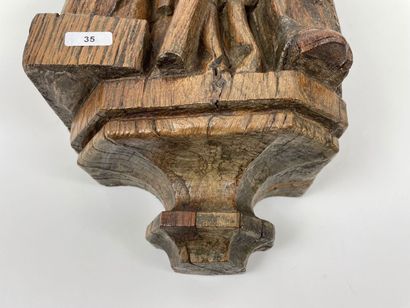 null "Saint Évêque", XIXe-XXe, groupe d'applique en chêne sculpté et patiné, h. 61,5...