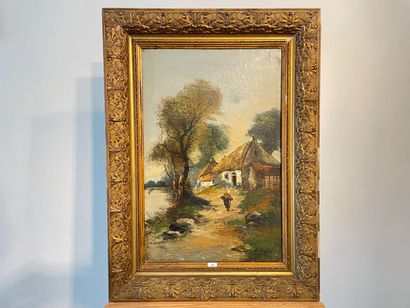 VAN HUFFEL Frans "Abords de ferme", début XXe, huile sur toile, signée en bas à droite,...