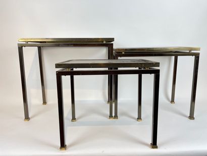 null Table gigogne rectangulaire Vintage, circa 1970, verre, métal argenté et doré,...