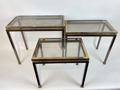 null Table gigogne rectangulaire Vintage, circa 1970, verre, métal argenté et doré,...
