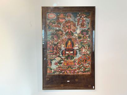 TIBET "Thangka", XXe, détrempe sur toile et soie, 71,5x49,5 cm env. [vitre fêlée...