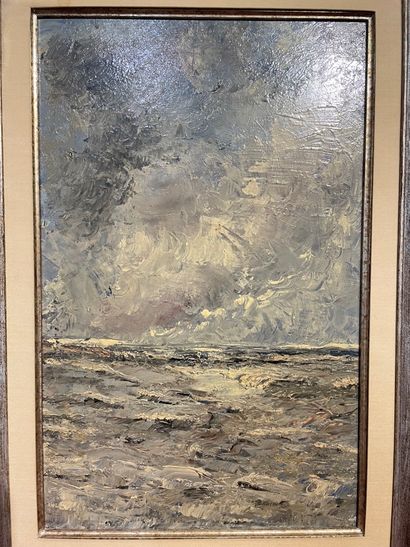 ANONYME "Rivage / Effet de ciel", XXe, huile sur panneau, 53x34 cm.