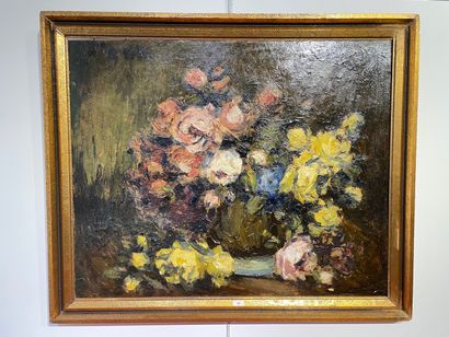 DELVIGNE A. "Bouquet", XXe, huile sur panneau, signée au dos, 59x72,5 cm [manques...