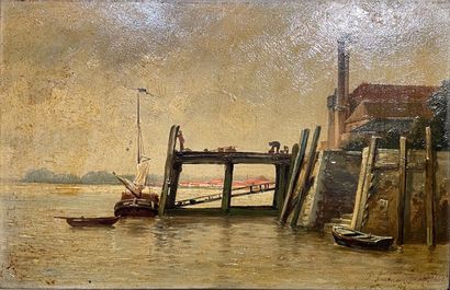 BOLAND Charles "Port animé", 1884, huile sur panneau, signée et datée avec mention...