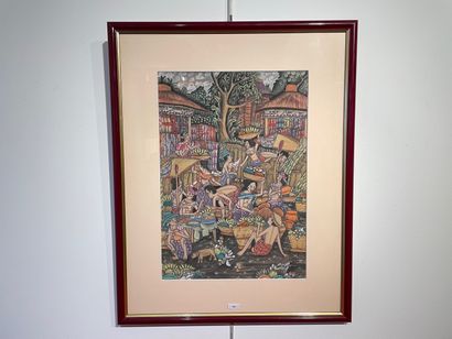 ANONYME "Marché d'outre-mer", XXe, gouache sur papier, 44x31 cm (à vue).