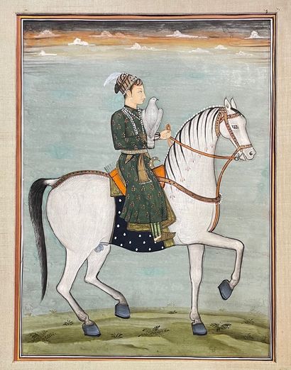ÉCOLE MOGHOLE "Prince à cheval avec son faucon", probablement XXe, gouache sur papier,...