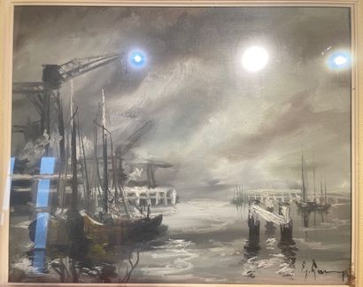 ÉCOLE BELGE "Port brumeux", XXe, huile sur toile, signature en bas à droite, 45x55...