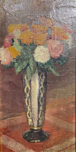 ÉCOLE BELGE "Bouquet", début XXe, huile sur toile, signature en bas à droite, 39x19,5...