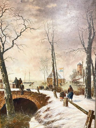 DELBOVE Raoul "Paysage hivernal animé", XXe, huile sur toile, signée en bas à droite,...