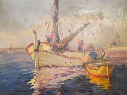 FERMEUSE Victor (1894-1963) "Voilier à quai", XXe, huile sur toile, signée en bas...