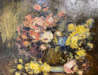 DELVIGNE A. "Bouquet", XXe, huile sur panneau, signée au dos, 59x72,5 cm [manques...