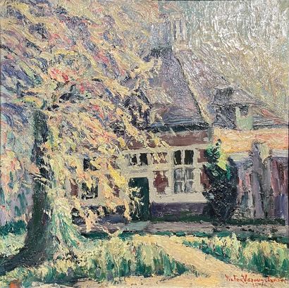 VEROUGSTRAETE Victor (1868-1935) "Cour du château de Laerne au printemps", [19]13,...