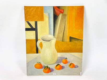 MUND R. "Nature morte au pichet et aux mandarines", 1964, huile sur toile, signée...