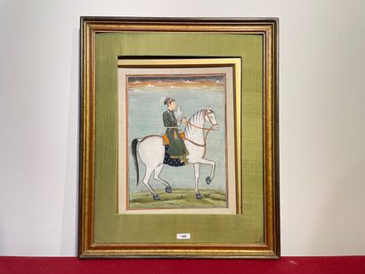 ÉCOLE MOGHOLE "Prince à cheval avec son faucon", probablement XXe, gouache sur papier,...