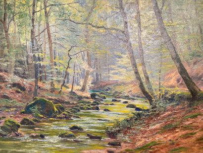 DELDERENNE Léon (1864-1921) "Sous-bois ensoleillé", circa 1900, huile sur toile,...