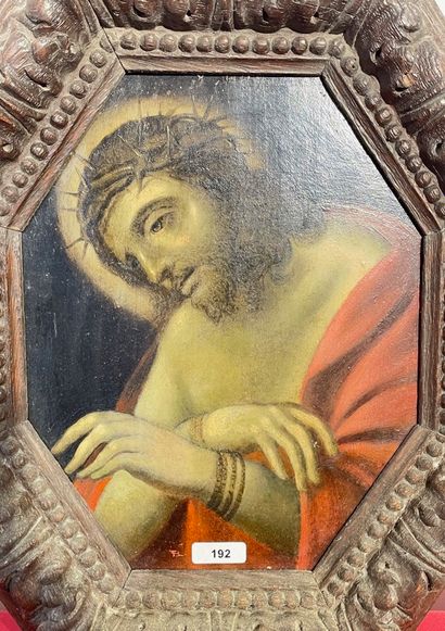 ÉCOLE FLAMANDE "Christ de pitié", probablement XIXe, huile sur panneau à pans coupés,...