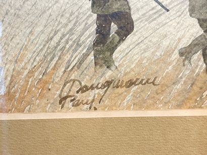 DANGMANN PAUL (1947-1990) "Chasseurs en automne", XXe, aquarelle sur papier fort,...