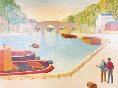 MUND R. "Quai animé", 1961, huile sur toile, signée et datée en bas au centre, 46,5x55...