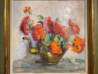 PEETERS J. "Bouquet", mi-XXe, huile sur toile, signée en bas à droite, 50x50 cm [légères...