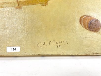 MUND R. "Quai animé", 1961, huile sur toile, signée et datée en bas au centre, 46,5x55...