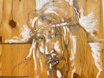 ÉCOLE CONTEMPORAINE "Sainte Face", [20]03, crayon et gouache sur panneau brut, signature...