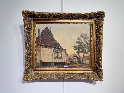 ÉCOLE BELGE "Fermette", XXe, huile sur panneau, 27x34 cm.