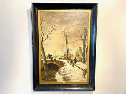 DELBOVE Raoul "Paysage hivernal animé", XXe, huile sur toile, signée en bas à droite,...