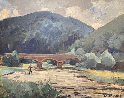 DE LINCÉ Marcel (1886-1958) "Paysage à Tintesmühle (Luxembourg) avec pêcheur [M....