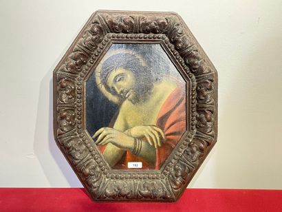 ÉCOLE FLAMANDE "Christ de pitié", probablement XIXe, huile sur panneau à pans coupés,...