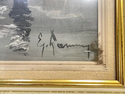 ÉCOLE BELGE "Port brumeux", XXe, huile sur toile, signature en bas à droite, 45x55...