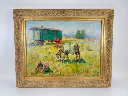 DUBOIS Raphaël (1888-1960) "Roulotte dans une prairie", 1915, huile sur toile, signée...