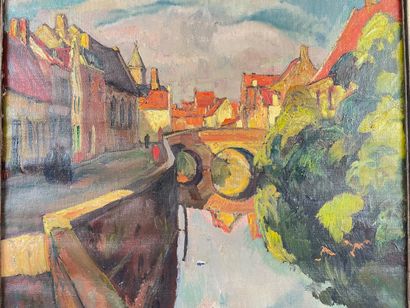MARTIN Alfred (1888-1950) "Pont des Ménétriers (Bruges)", début XXe, huile sur toile,...