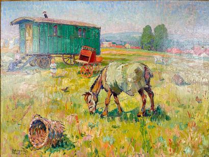 DUBOIS Raphaël (1888-1960) "Roulotte dans une prairie", 1915, huile sur toile, signée...