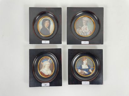 null Ensemble de miniatures ("Dames de qualité"), quatre pièces encadrées en sui...
