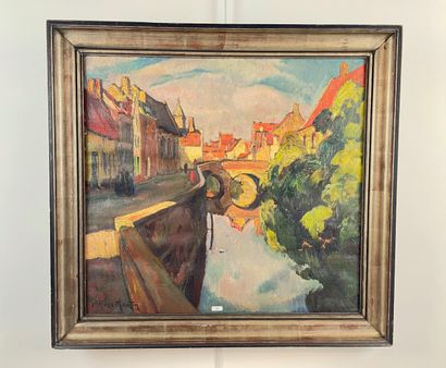 MARTIN Alfred (1888-1950) "Pont des Ménétriers (Bruges)", début XXe, huile sur toile,...