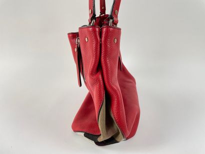 BURBERRY - ITALIE Shoulder bag in red grained leather and polychrome canvas, with...