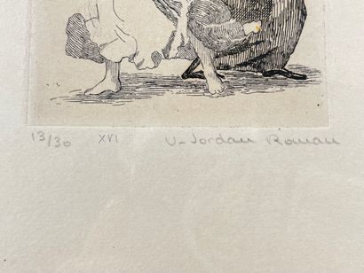 JORDAN-ROMAN Véronique "Figurative compositions", XXth, three etchings, signed lower...