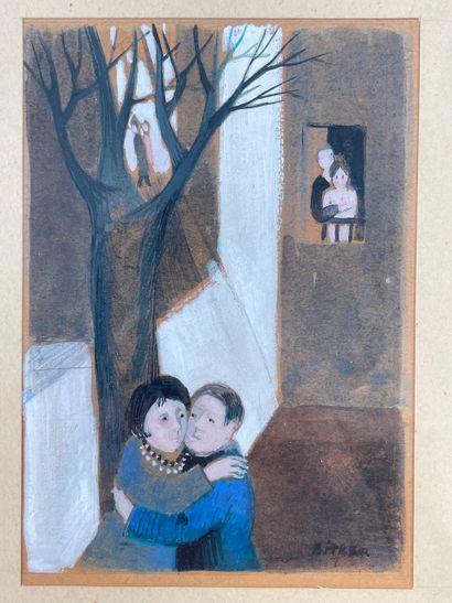 BITKER Colette (1929-) "Couples", XXth, a gouache on paper and an etching, signed...