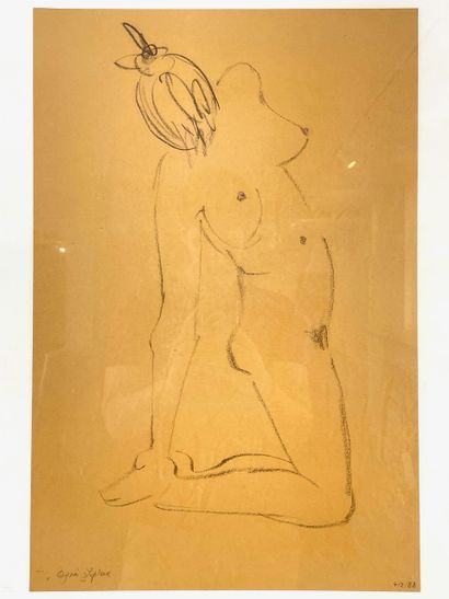 LEPLAE Agnès (1933-) "Nu à genoux", [19]88, fusain sur papier chamois, signé en bas...