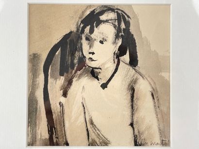 MARTIN Monique (1928-2000) "Seated boy", XXth, ink and wash on paper, signed lower...
