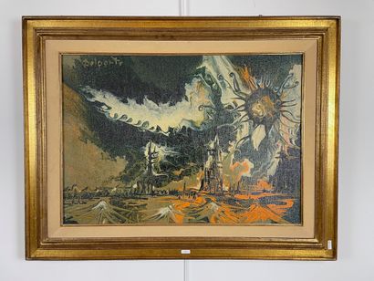 DELPORTE Charles (1928-2012) "Composition au paysage", XXe, huile sur panneau, signée...