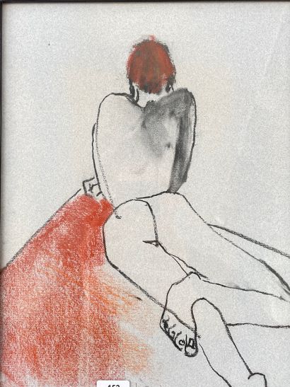 DUBUISSON Nicole (1935-) "Nu allongé de dos", XXth, charcoal and red chalk on paper,...