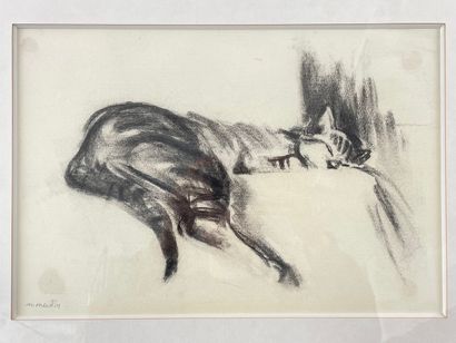 MARTIN Monique (1928-2000) "Sleeping Cat", XXth, charcoal on paper, signed lower...